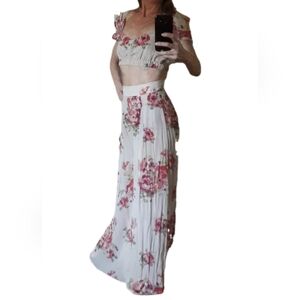 Zara Floral Maxi Pants And Crop Top - Pink and Beige